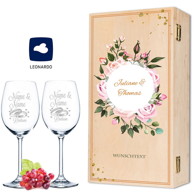 SEO. Leonardo Weingläser mit Gravur "Summer & Flower" Design als Set inkl. bedruckter Holzkiste - Pfingstrosen Linkreich