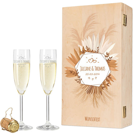 SEO. Leonardo Weingläser mit Gravur "Tropical Pampasgras" als Set inkl. Holzkiste - Sekt Linkreich