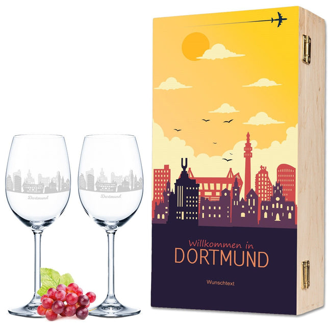 SEO. Leonardo Weingläser mit Skyline Dortmund Gravur als Set inkl. bedruckter Holzkiste - Linkreich