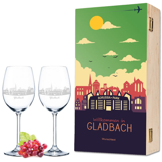 SEO. Leonardo Weingläser mit Skyline Gladbach Gravur als Set inkl. bedruckter Holzkiste - Linkreich