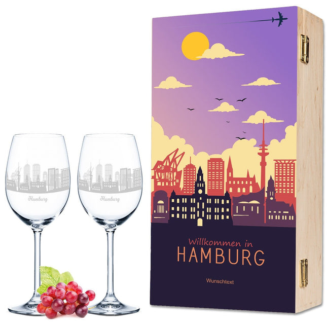SEO. Leonardo Weingläser mit Skyline Hamburg Gravur als Set inkl. bedruckter Holzkiste - Linkreich
