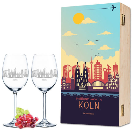 SEO. Leonardo Weingläser mit Skyline Köln Gravur als Set inkl. bedruckter Holzkiste - Linkreich