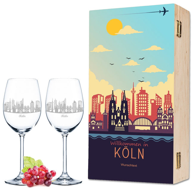 SEO. Leonardo Weingläser mit Skyline Köln Gravur als Set inkl. bedruckter Holzkiste - Linkreich