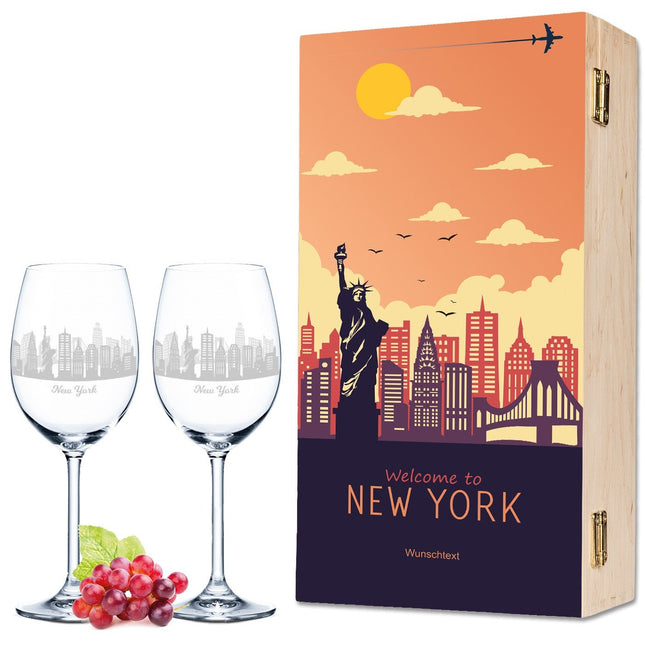 SEO. Leonardo Weingläser mit Skyline New York Gravur als Set inkl. bedruckter Holzkiste - Linkreich
