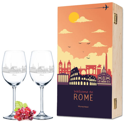 SEO. Leonardo Weingläser mit Skyline Rom Gravur als Set inkl. bedruckter Holzkiste - Linkreich