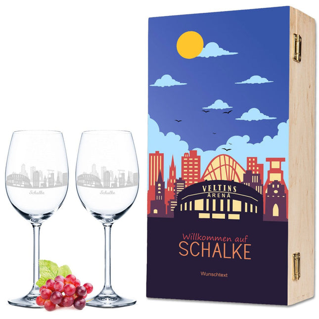 SEO. Leonardo Weingläser mit Skyline Schalke Gravur als Set inkl. bedruckter Holzkiste - Linkreich