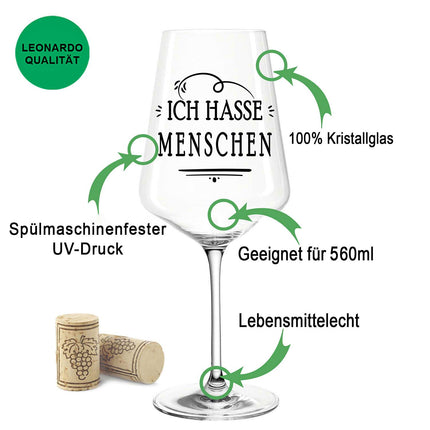 SEO. Leonardo Weingläser mit UV - Druck "Ich hasse Menschen" - Puccini Linkreich