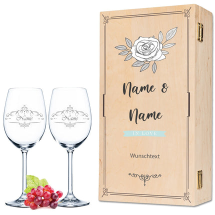 SEO. Leonardo Weingläser "Vintage Weinranke" mit Namen im Set - + Holzkiste Linkreich