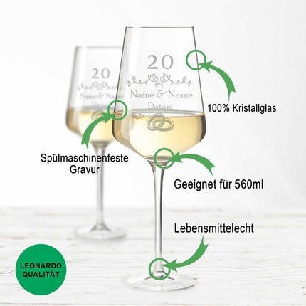 SEO. Leonardo Weingläser zur 20 Jahre Porzellanhochzeit mit Namen & Datum im Set - Puccini Linkreich