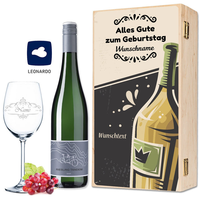 SEO. Leonardo Weinglas "Alles Gute zum Geburtstag" inkl. bedruckter Holzkiste + Riesling Tandem - Linkreich