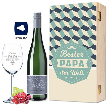 SEO. Leonardo Weinglas Bester Papa der Welt inkl. bedruckter Holzkiste Retro Design + Riesling Tandem - Linkreich