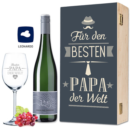 SEO. Leonardo Weinglas Bester Papa der Welt inkl. bedruckter Holzkiste + Riesling Tandem - Linkreich