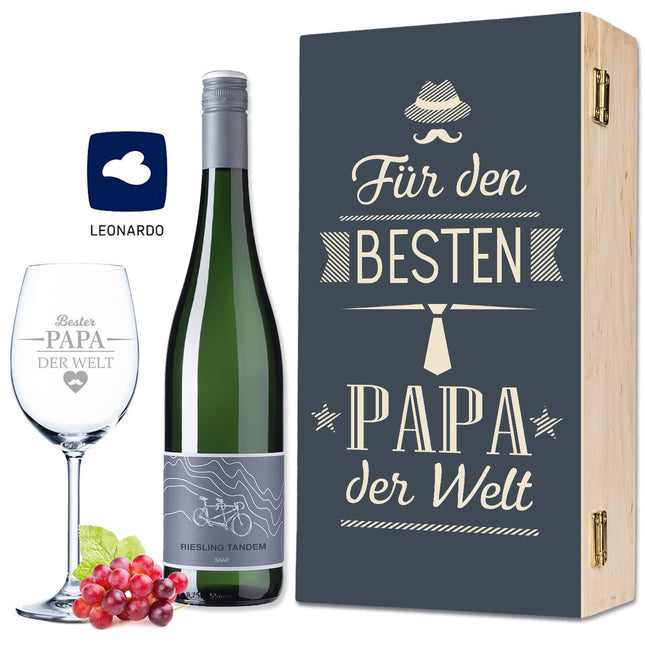 SEO. Leonardo Weinglas Bester Papa der Welt inkl. bedruckter Holzkiste + Riesling Tandem - Linkreich