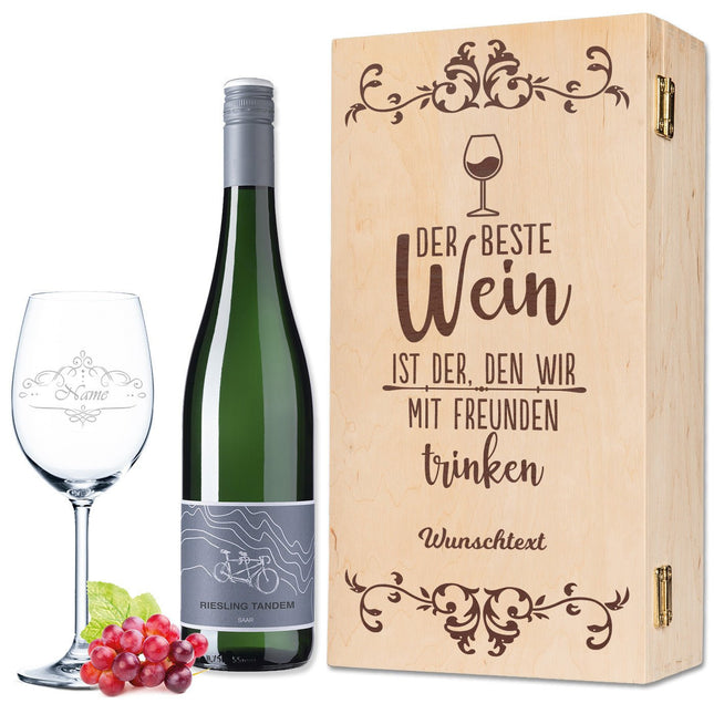 SEO. Leonardo Weinglas "Der beste Wein nur mit Freunden" inkl. bedruckter Holzkiste & Riesling Tandem - Linkreich
