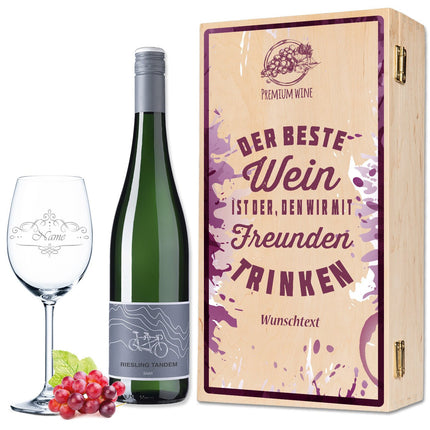 SEO. Leonardo Weinglas "Der beste Wein nur mit Freunden" inkl. bedruckter Holzkiste + Riesling Tandem - Linkreich
