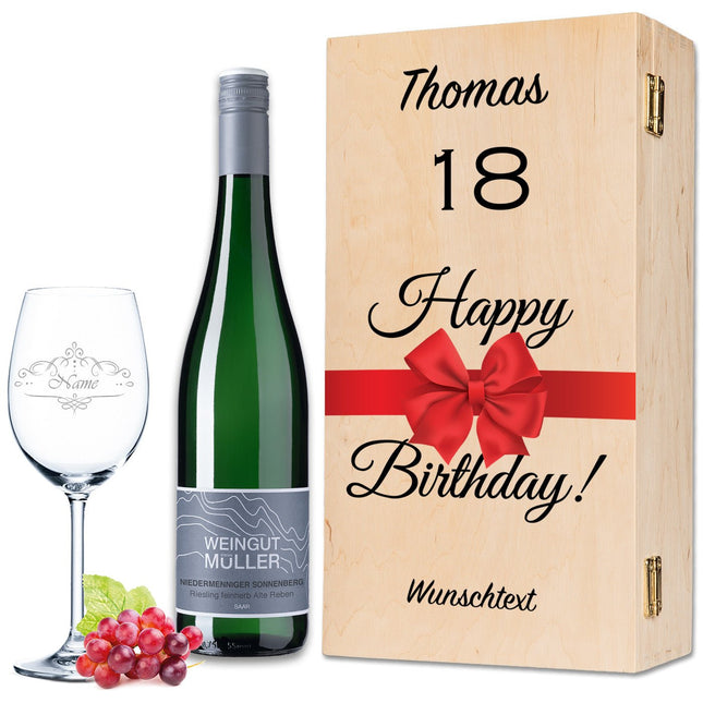 SEO. Leonardo Weinglas "Happy Birthday 18 Jahre" + Holzkiste & Riesling Tandem - Linkreich