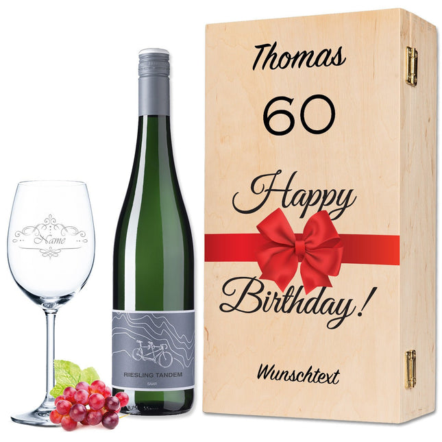 SEO. Leonardo Weinglas "Happy Birthday 60 Jahre" + Holzkiste & Riesling Tandem - Linkreich