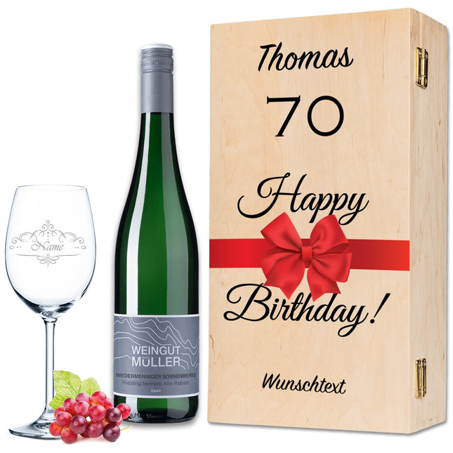 SEO. Leonardo Weinglas "Happy Birthday 70 Jahre" + Holzkiste & Riesling Tandem - Linkreich