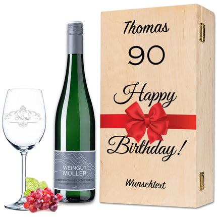 SEO. Leonardo Weinglas "Happy Birthday 90 Jahre" + Holzkiste & Riesling Tandem - Linkreich