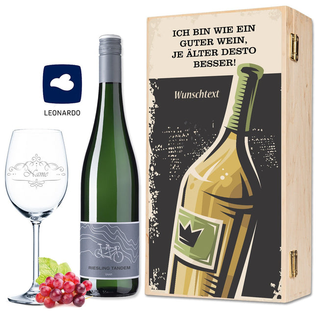 SEO. Leonardo Weinglas "Ich bin wie ein guter Wein" inkl. bedruckter Holzkiste + Riesling Tandem - Linkreich
