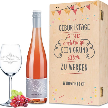 SEO. Leonardo Weinglas inkl. bedruckter Holzkiste + Weinflasche - Geburtstage sind kein Grund - Rosé Linkreich