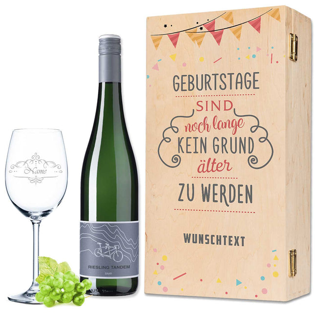 SEO. Leonardo Weinglas inkl. bedruckter Holzkiste + Weinflasche - Geburtstage sind kein Grund - Weiß Linkreich