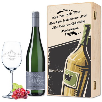 SEO. Leonardo Weinglas "Kein Ziel. Kein Plan." inkl. bedruckter Holzkiste + Riesling Tandem - Linkreich