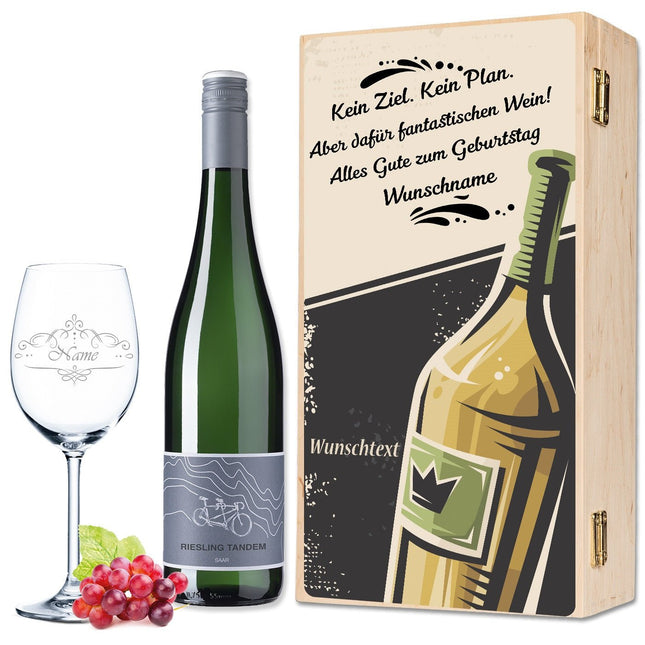 SEO. Leonardo Weinglas "Kein Ziel. Kein Plan." inkl. bedruckter Holzkiste + Riesling Tandem - Linkreich
