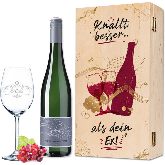 SEO. Leonardo Weinglas "Knallt besser als Dein Ex" inkl. bedruckter Holzkiste + Riesling Tandem - Linkreich
