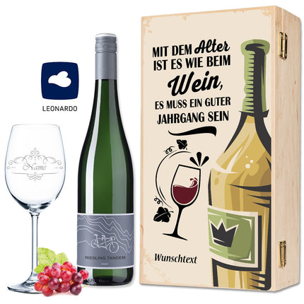 SEO. Leonardo Weinglas "Mit dem Alter ist es wie beim Wein" inkl. bedruckter Holzkiste + Riesling Tandem - Linkreich