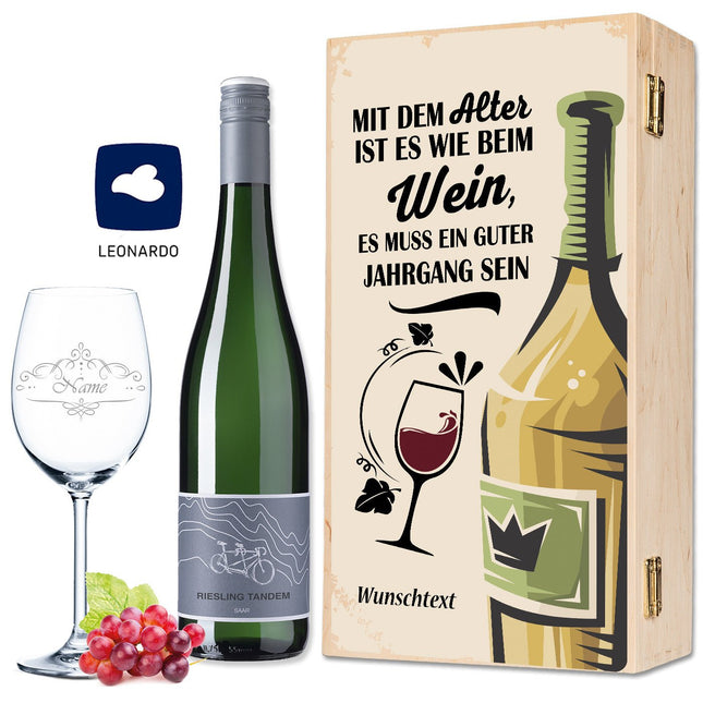 SEO. Leonardo Weinglas "Mit dem Alter ist es wie beim Wein" inkl. bedruckter Holzkiste + Riesling Tandem - Linkreich