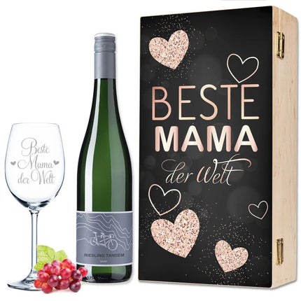 SEO. Leonardo Weinglas mit Gravur "Beste Mama der Welt" - Geschenkset: Weinflasche & Holzkiste Linkreich