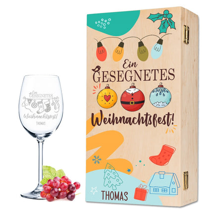 SEO. Leonardo Weinglas mit Gravur - "Ein gesegnetes Weihnachtsfest" - + Holzkiste Linkreich
