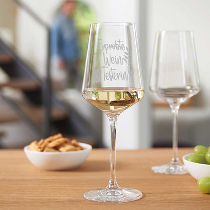 SEO. Leonardo Weinglas mit Gravur "Erprobte Wein Testerin" - Puccini Linkreich