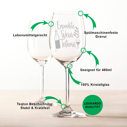SEO. Leonardo Weinglas mit Gravur "Erprobte Wein Testerin" - Daily Linkreich