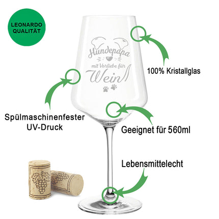 SEO. Leonardo Weinglas mit Gravur "Hundepapa mit Vorliebe für Wein" - Puccini Linkreich