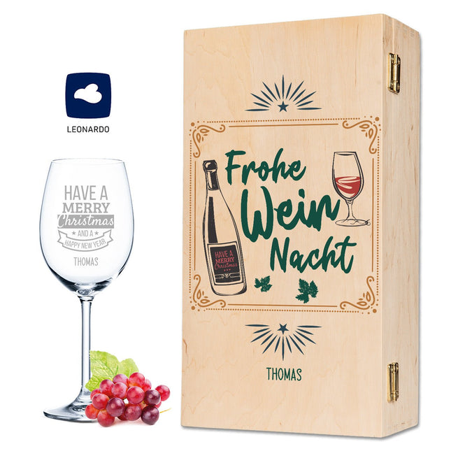 SEO. Leonardo Weinglas mit Gravur im "Frohe Wein Nacht" Design inkl. Holzkiste - Linkreich