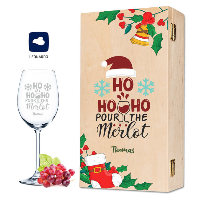 SEO. Leonardo Weinglas mit Gravur im "Pour the Merlot" Design inkl. Holzkiste - Linkreich