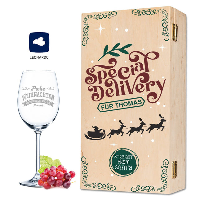 SEO. Leonardo Weinglas mit Gravur im "Special Delivery" Design inkl. Holzkiste - Linkreich