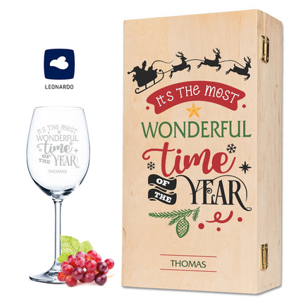 SEO. Leonardo Weinglas mit Gravur im "Wonderful time of the Year" Design inkl. Holzkiste - Linkreich
