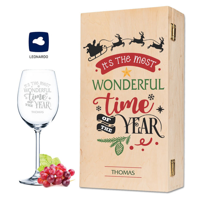 SEO. Leonardo Weinglas mit Gravur im "Wonderful time of the Year" Design inkl. Holzkiste - Linkreich