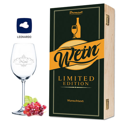 SEO. Leonardo Weinglas mit Gravur inkl. bedruckter "Limited Vino Edition" Holzkiste - Linkreich