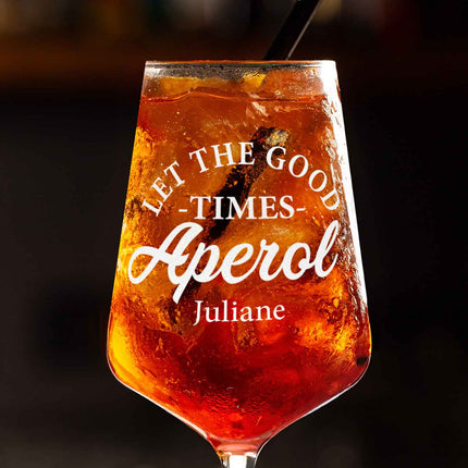 SEO. Leonardo Weinglas mit Gravur - "Let the good times Aperol" mit Name - Puccini Linkreich