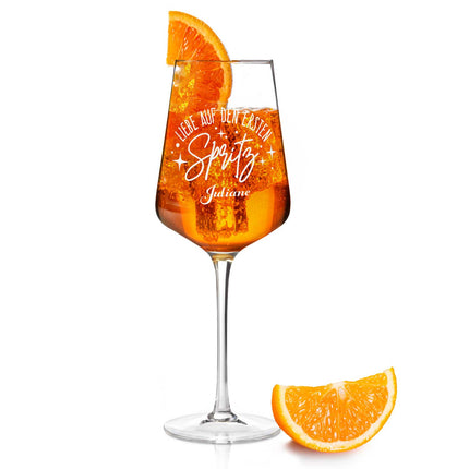 SEO. Leonardo Weinglas mit Gravur - "Liebe auf den ersten Spritz" mit Name - Puccini Linkreich