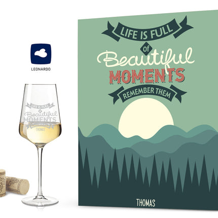 SEO. Leonardo Weinglas mit Gravur "Life is full of beautiful Moments" - Große Kiste UV Linkreich
