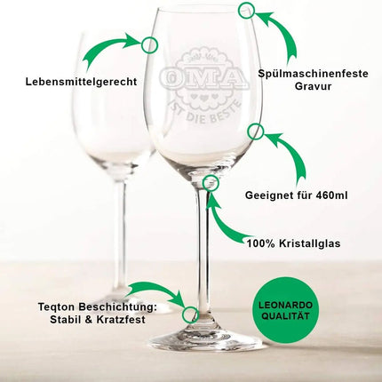 SEO. Leonardo Weinglas mit Gravur "Oma ist die Beste" - kleine Kiste UV Linkreich