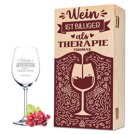 SEO. Leonardo Weinglas mit Gravur "Wein ist billiger als Therapie" - kleine Kiste UV Linkreich