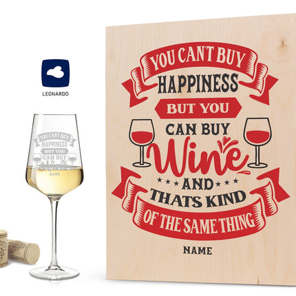SEO. Leonardo Weinglas mit Gravur "You can't Buy happiness" - kleine Kiste UV Linkreich