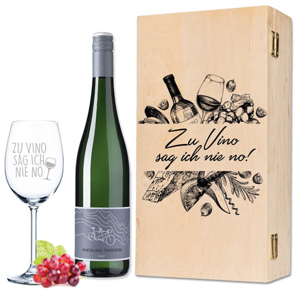 SEO. Leonardo Weinglas mit Gravur "Zu Vino sag ich nie no" - Geschenkset: Weinflasche & Holzkiste Linkreich
