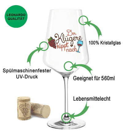 SEO. Leonardo Weinglas mit UV - Druck "Der Klügere kippt nach V2" - Puccini UV Linkreich
